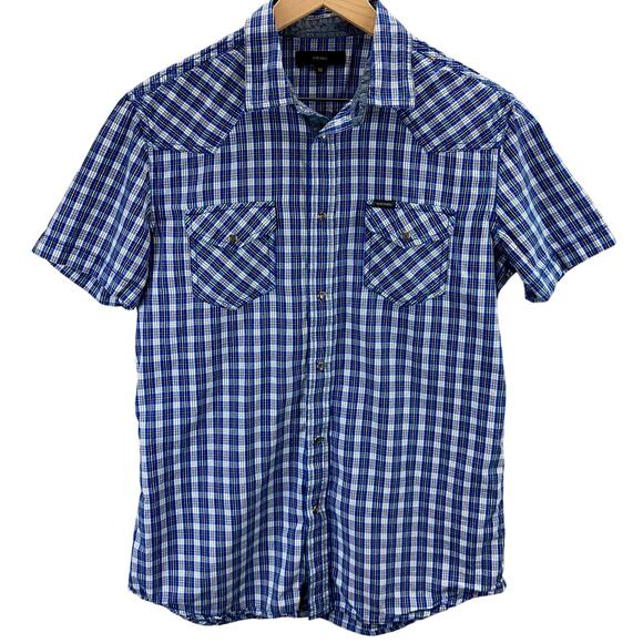 Diesel Pearl Snap Short Sleeve Western Shirt Men’s Size Medium Blue Plaid - Picture 1 of 5
